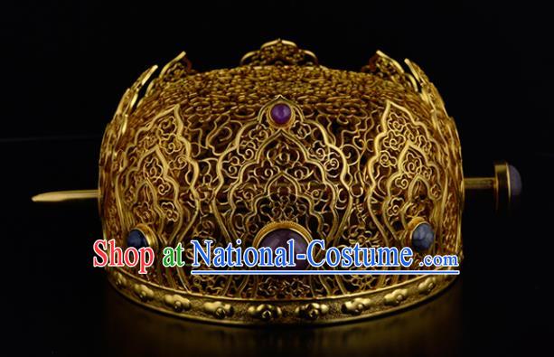 China Ancient Queen Golden Hairpin Handmade Traditional Ming Dynasty Empress Gems Hair Crown