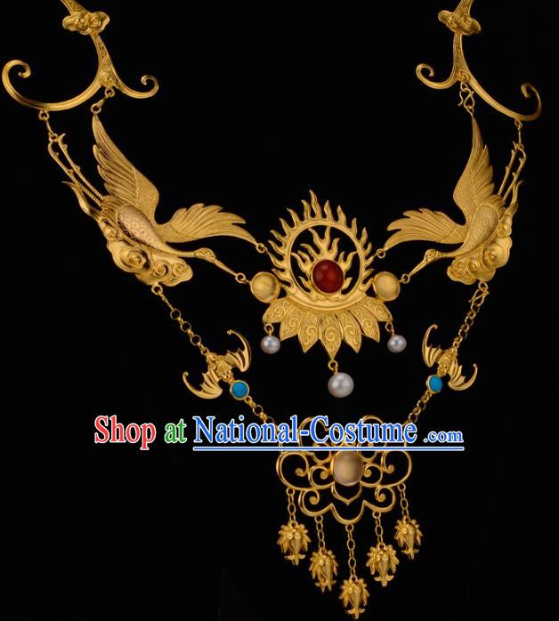 Chinese Ancient Princess Golden Crane Necklace Jewelry Traditional Ming Dynasty Necklet