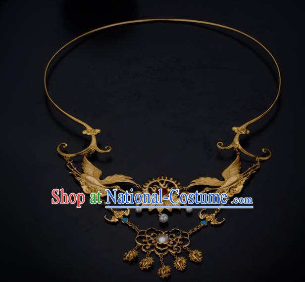 Chinese Ancient Princess Golden Crane Necklace Jewelry Traditional Ming Dynasty Necklet