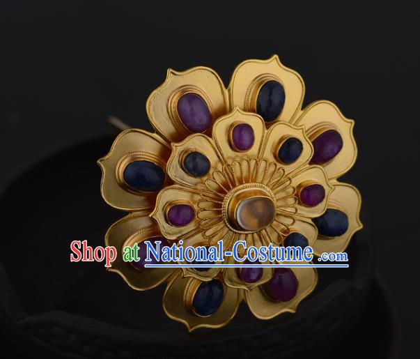 China Ancient Court Queen Golden Lotus Hairpin Handmade Traditional Ming Dynasty Gems Hair Crown