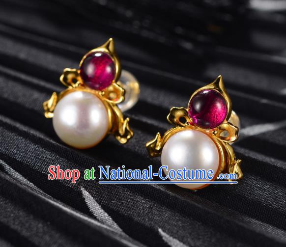 Chinese Traditional Qing Dynasty Court Pearl Earrings Ancient Empress Golden Gourd Ear Accessories