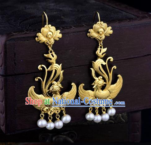 Chinese Traditional Tang Dynasty Pearls Tassel Earrings Ancient Queen Golden Phoenix Ear Accessories