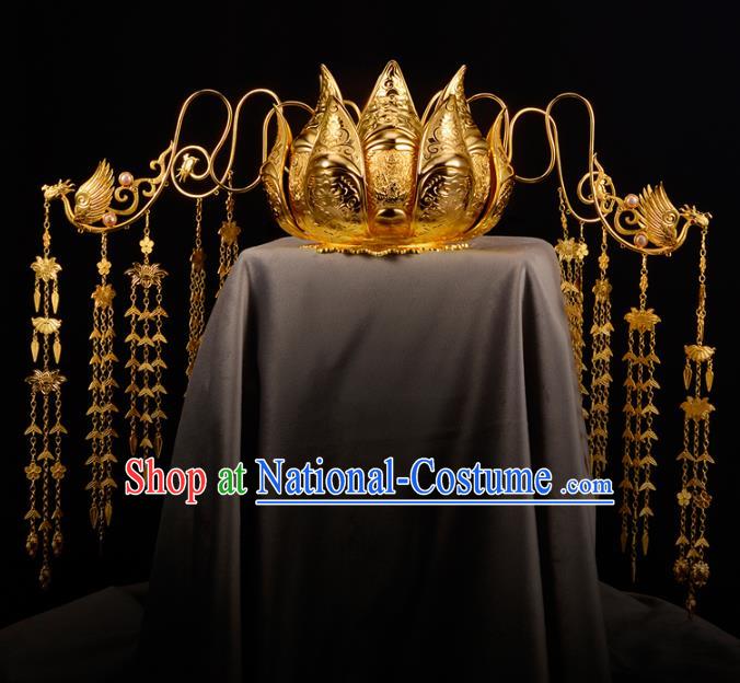 China Ancient Empress Phoenix Coronet Handmade Traditional Tang Dynasty Queen Golden Lotus Hair Crown