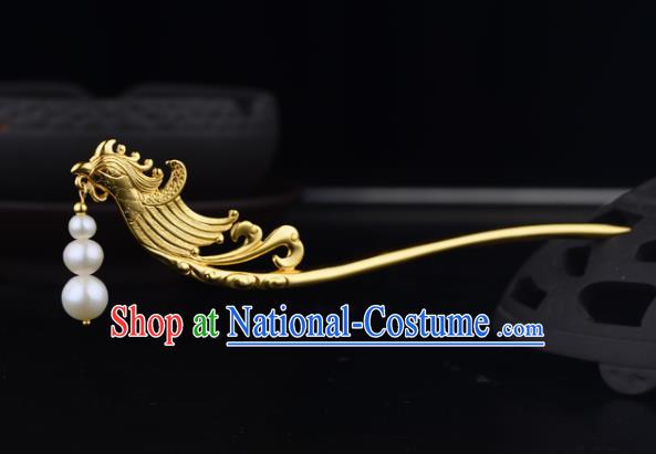 China Ancient Court Empress Golden Phoenix Hairpin Handmade Traditional Ming Dynasty Pearls Tassel Hair Stick