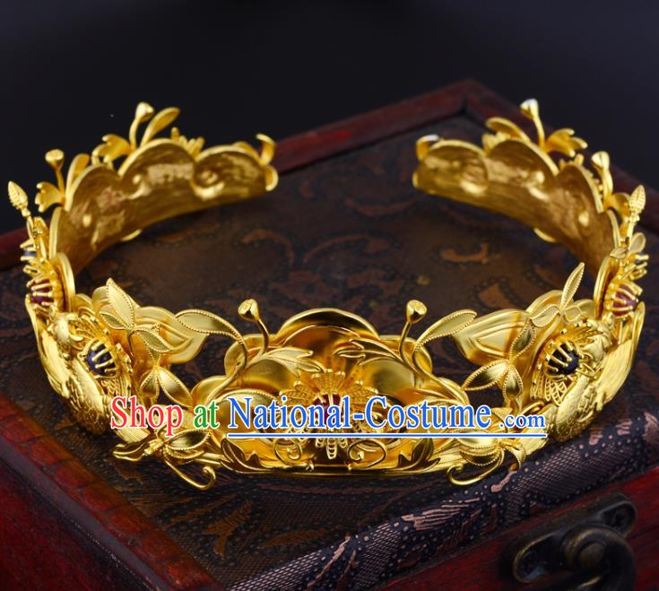 China Ancient Queen Chaplet Handmade Traditional Ming Dynasty Empress Golden Peony Hair Crown