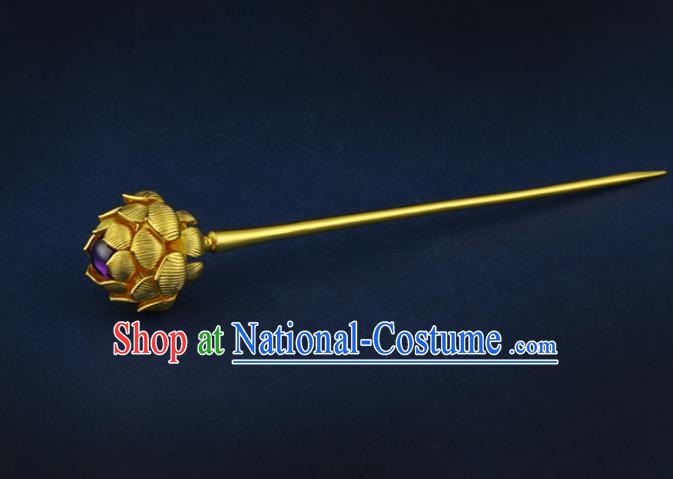 China Traditional Ancient Queen Golden Lotus Hair Stick Handmade Ming Dynasty Empress Amethyst Hairpin