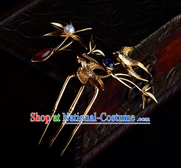 China Ancient Queen Golden Bamboo Hairpin Handmade Traditional Ming Dynasty Empress Gems Hair Comb