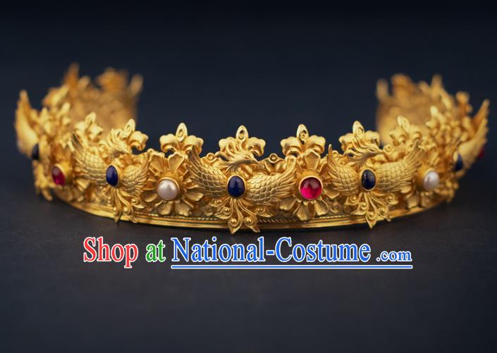 China Ancient Queen Golden Phoenix Coronet Handmade Traditional Ming Dynasty Empress Gems Hair Crown