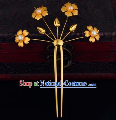 China Ancient Princess Golden Plum Hairpin Handmade Traditional Ming Dynasty Palace Lady Pearls Hair Stick