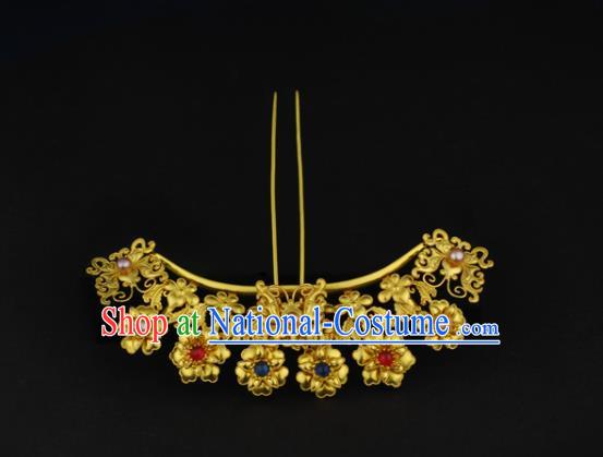 China Ancient Princess Golden Flowers Hairpin Handmade Traditional Ming Dynasty Pearls Gems Hair Stick