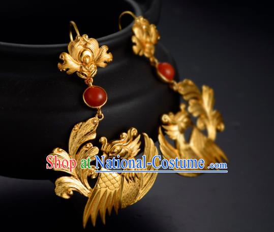 Chinese Traditional Ming Dynasty Agate Earrings Ancient Court Lady Golden Phoenix Ear Accessories