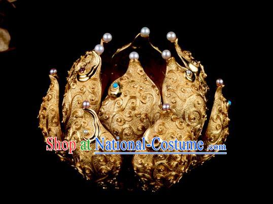 China Ancient Empress Pearls Chaplet Handmade Traditional Ming Dynasty Golden Lotus Hair Crown