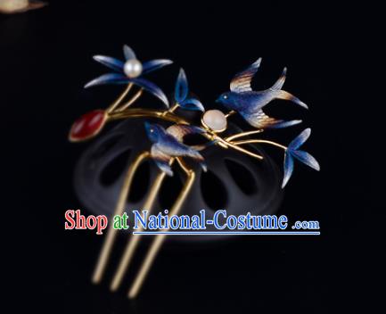 China Ancient Palace Lady Hairpin Handmade Traditional Ming Dynasty Princess Blue Swallow Hair Comb