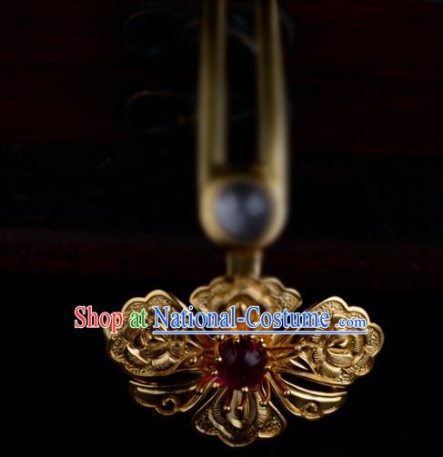 China Ancient Court Empress Ruby Hairpin Handmade Traditional Ming Dynasty Golden Peony Hair Stick