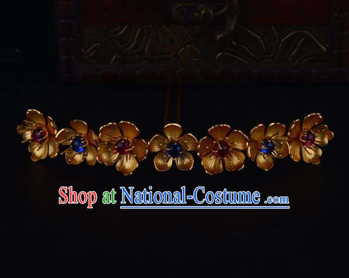 China Ancient Imperial Consort Gems Hairpin Handmade Traditional Jin Dynasty Golden Plum Hair Crown