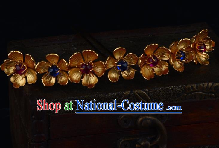 China Ancient Imperial Consort Gems Hairpin Handmade Traditional Jin Dynasty Golden Plum Hair Crown