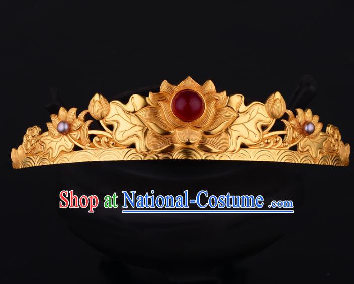 China Ancient Empress Ruby Hairpin Handmade Traditional Ming Dynasty Golden Lotus Hair Crown