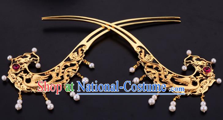 China Ancient Queen Golden Phoenix Hairpin Handmade Traditional Ming Dynasty Pearls Hair Stick