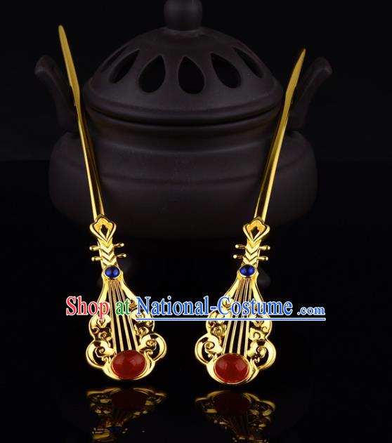 China Ancient Court Lady Golden Lute Hairpin Handmade Traditional Ming Dynasty Empress Agate Hair Stick