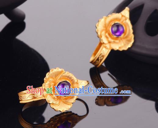 Chinese Traditional Ming Dynasty Golden Peony Earrings Ancient Empress Amethyst Ear Accessories