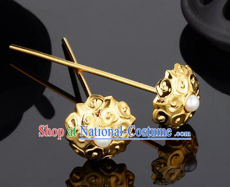 China Ancient Palace Woman Pearls Hairpin Handmade Traditional Ming Dynasty Empress Golden Hair Stick