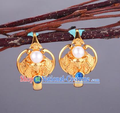 Chinese Traditional Ming Dynasty Queen Golden Bat Earrings Ancient Empress Pearl Ear Accessories