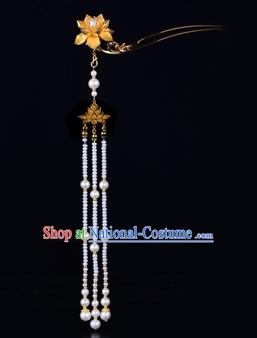 China Ancient Palace Lady Pearls Tassel Hairpin Handmade Traditional Ming Dynasty Princess Golden Lotus Hair Clip