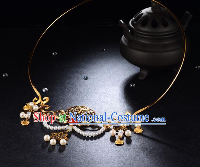 Chinese Ancient Palace Lady Pearls Necklace Traditional Ming Dynasty Golden Peach Necklet Jewelry