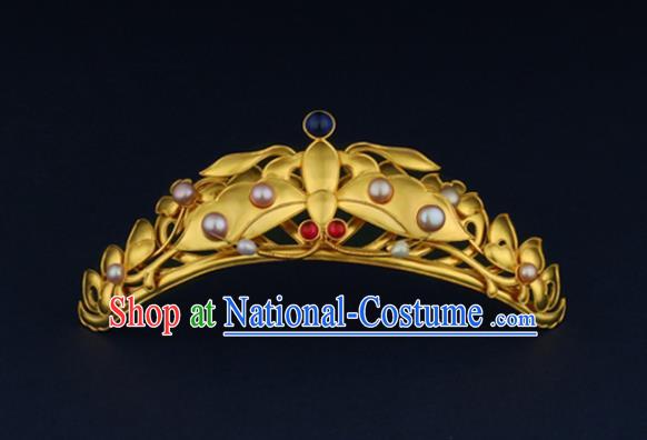 China Ancient Queen Pearls Hairpin Handmade Traditional Ming Dynasty Golden Butterfly Hair Crown