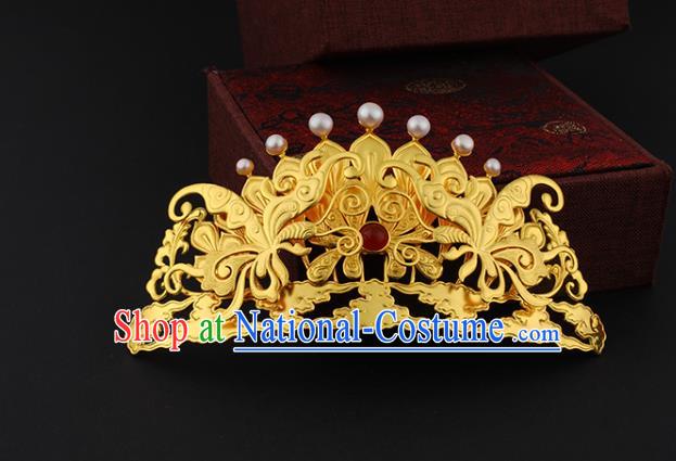 China Ancient Court Empress Agate Pearls Hairpin Handmade Traditional Ming Dynasty Golden Hair Crown