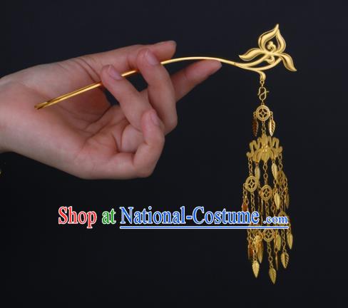 China Ancient Palace Princess Hairpin Handmade Traditional Ming Dynasty Golden Orchid Tassel Hair Stick