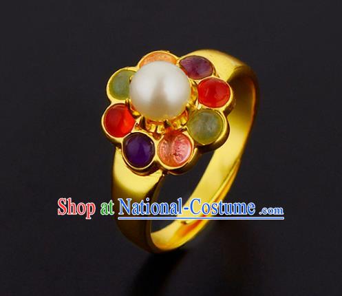 Handmade Chinese Ming Dynasty Court Gems Ring Accessories Traditional Hanfu Golden Circlet Jewelry