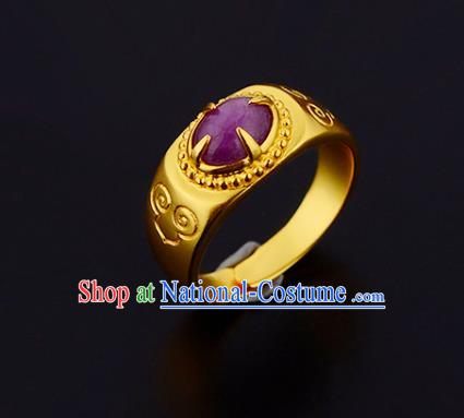 Handmade Chinese Traditional Hanfu Golden Circlet Jewelry Ming Dynasty Court Amethyst Ring Accessories