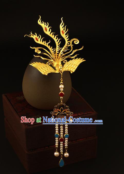 China Ancient Empress Pearls Tassel Hairpin Handmade Traditional Ming Dynasty Golden Phoenix Hair Crown