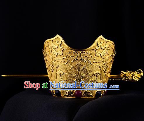 China Ancient King Hair Accessories Handmade Traditional Ming Dynasty Emperor Golden Hairdo Crown