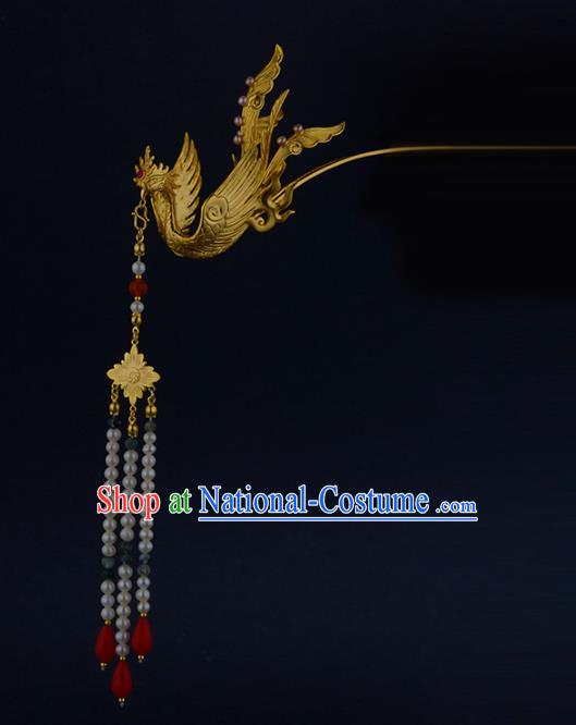 China Ancient Empress Golden Phoenix Hairpin Handmade Traditional Ming Dynasty Queen Pearls Tassel Hair Stick