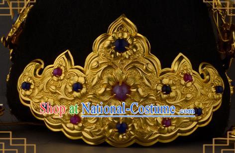 China Ancient Noble Woman Ruby Hairpin Handmade Traditional Ming Dynasty Empress Golden Lotus Hair Crown