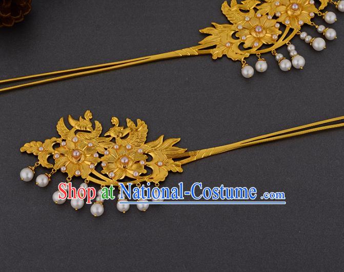 China Ancient Noble Lady Pearls Hairpin Handmade Traditional Ming Dynasty Empress Golden Hair Stick