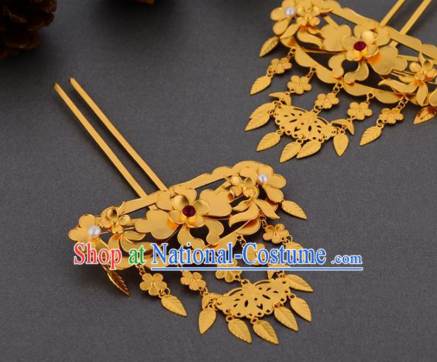 China Ancient Queen Hairpin Handmade Traditional Ming Dynasty Empress Golden Peony Tassel Hair Stick