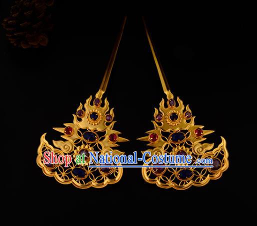 China Ancient Empress Gems Hairpin Handmade Traditional Ming Dynasty Golden Hair Stick