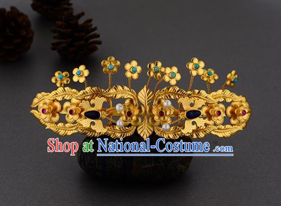 China Ancient Court Woman Hairpin Handmade Traditional Ming Dynasty Golden Plum Hair Crown