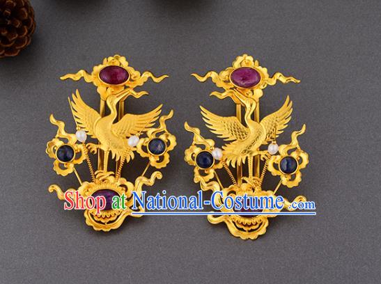 China Ancient Court Lady Golden Crane Hairpin Handmade Traditional Ming Dynasty Empress Ruby Hair Stick