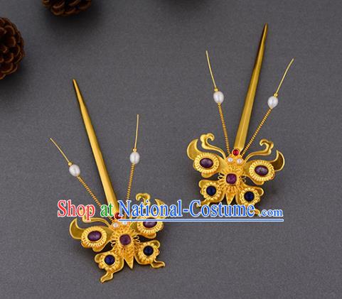 China Ancient Court Lady Ruby Hairpin Handmade Traditional Ming Dynasty Empress Golden Butterfly Hair Stick