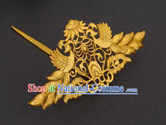 China Ancient Court Woman Hairpin Handmade Traditional Tang Dynasty Empress Golden Phoenix Hair Crown