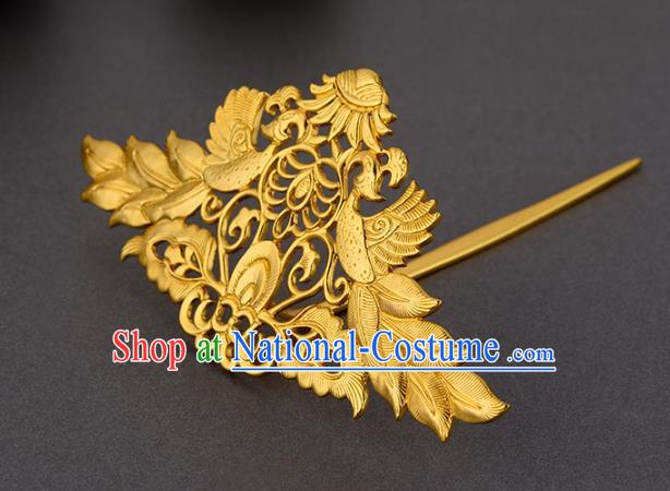 China Ancient Court Woman Hairpin Handmade Traditional Tang Dynasty Empress Golden Phoenix Hair Crown