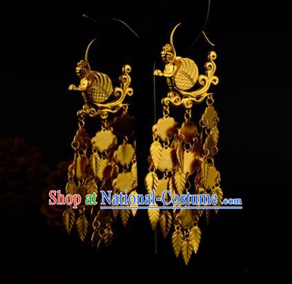 Chinese Traditional Hanfu Earrings Ancient Queen Golden Leaf Tassel Ear Accessories