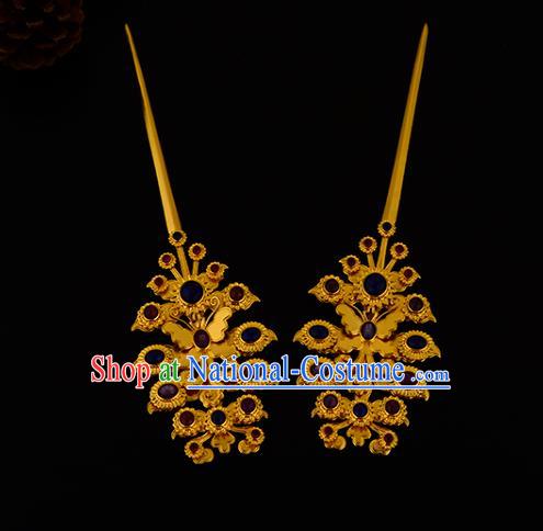 China Ancient Noble Countess Gems Hairpin Handmade Traditional Ming Dynasty Empress Golden Butterfly Hair Stick