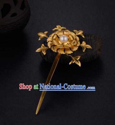 China Ancient Empress Pearl Hairpin Handmade Traditional Ming Dynasty Court Golden Peony Hair Stick