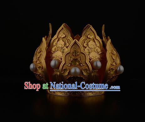 China Ancient Taoist Nun Pearls Hair Accessories Handmade Traditional Song Dynasty Golden Lotus Hair Crown