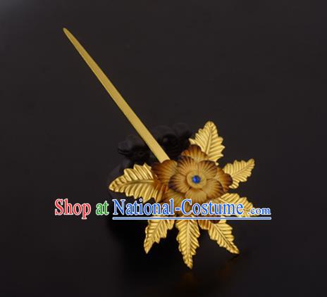 China Ancient Princess Golden Leaf Hairpin Handmade Traditional Ming Dynasty Palace Lady Hair Stick